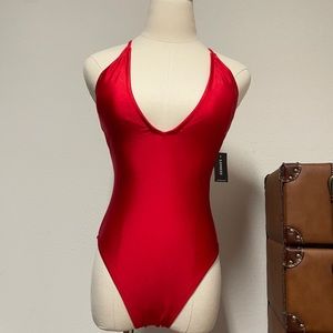 EXPRESS NWT RED DEEP PLUNGE V-NECK ONE-PIECE SWIMSUIT CORSET STYLE OPEN BACK